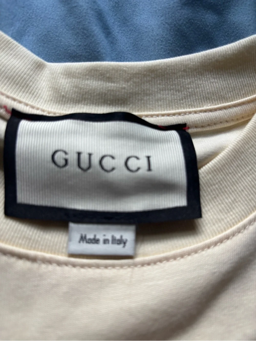 Gucci Cream Short-Sleeve Tee with Blue Graphic Logo